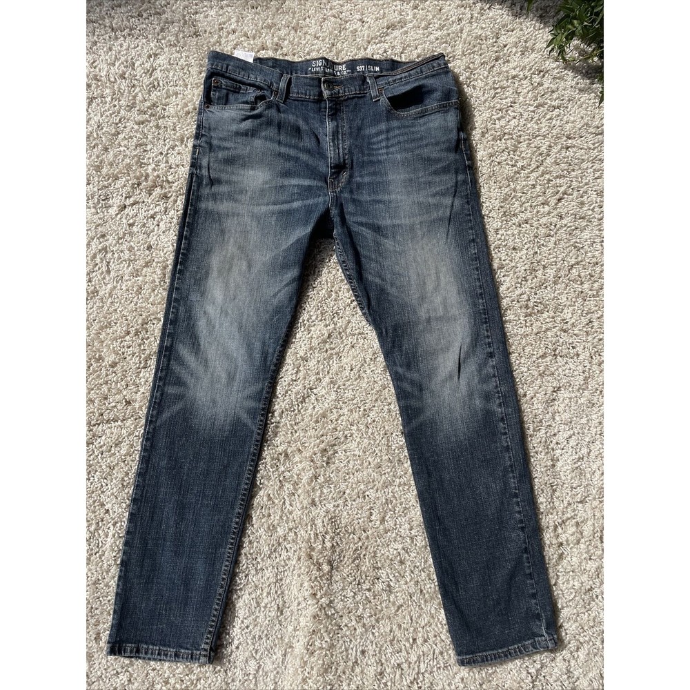 Signature Levi Strauss Jeans Mens 38x32* Blue S37 Slim Straight Fade Denim